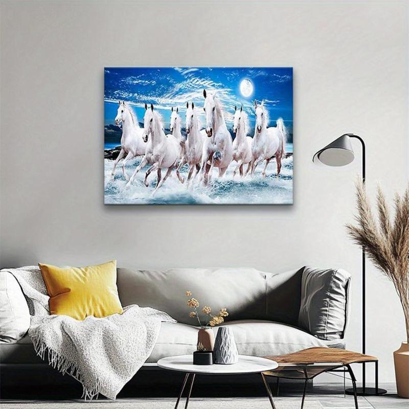 Seven Lucky Galloping Horses Modern Framed Canvas Wall Art Ready Hang High-Definition Print for Home Office Bedroom Decor