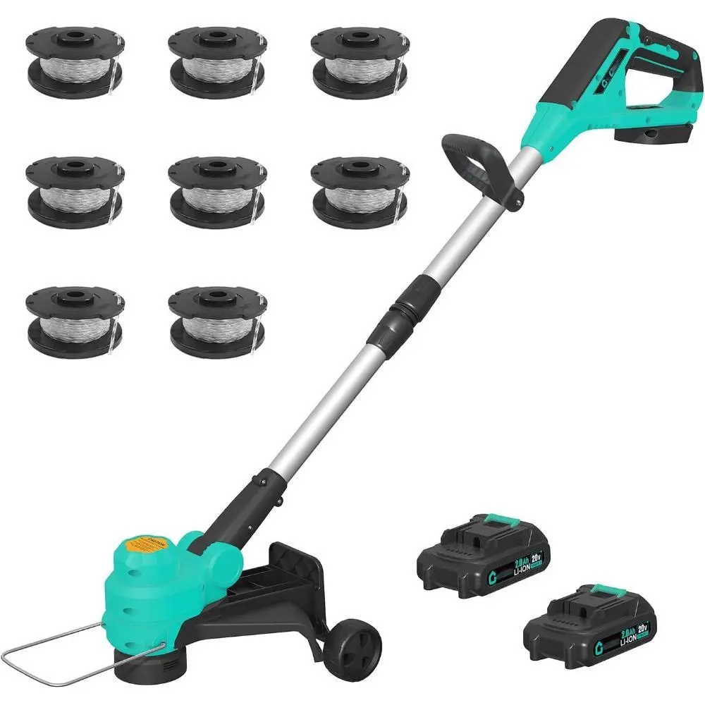 12-in Cordless Grass Trimmer with Cutting Function, Adjustable Handle, 2 x 2.0Ah Batteries, Support Wheels, 8 Spool Lines, Fast Charger
