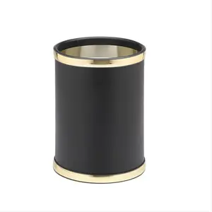212 MAIN Classic Leatherette Kitchen Garbage Can - 10-in Round Kitchen Bin, Sophisticated Black with Polished Band