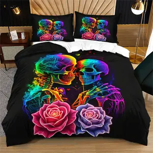 Neon Skull Couple Bedding Set, Neon Colors, Floral Skull Pattern, Includes 1 Fitted Sheet & Pillowcases, Halloween Bedroom Decor
