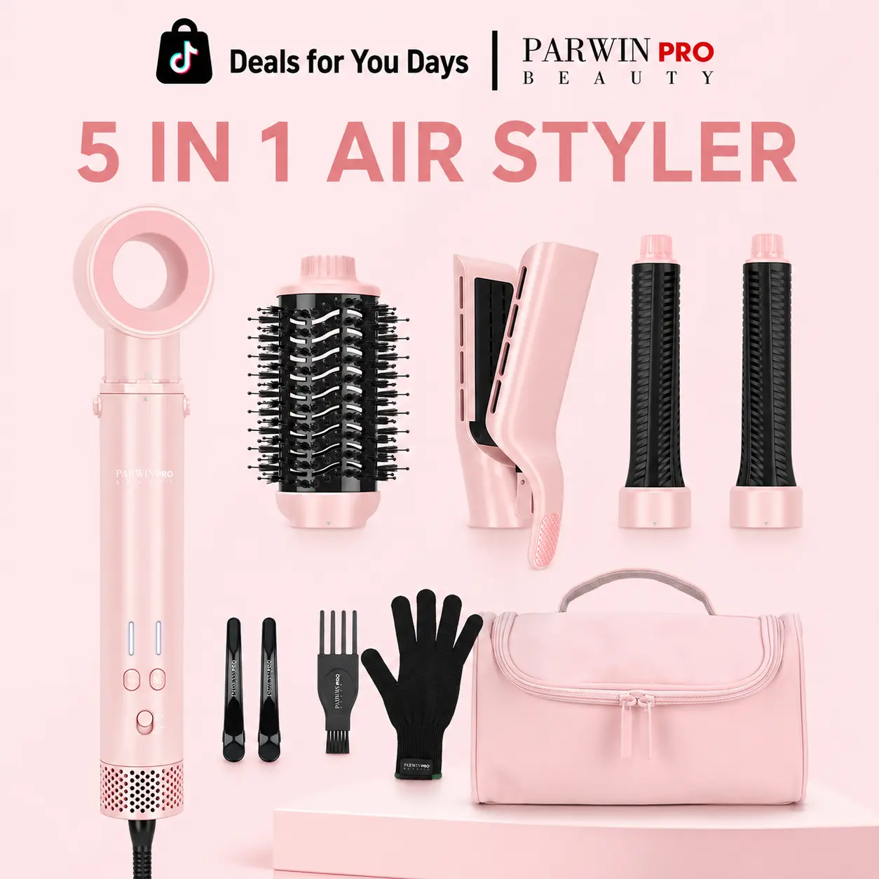 PARWIN PRO BEAUTY 5-in-1 Air Styler & Hair Dryer Brush, Ionic Ceramic Blowout Kit with Auto-Wrap Curlers for Fast Drying & Volumizing, Dual Voltage Travel Hair Tools, Beauty Products