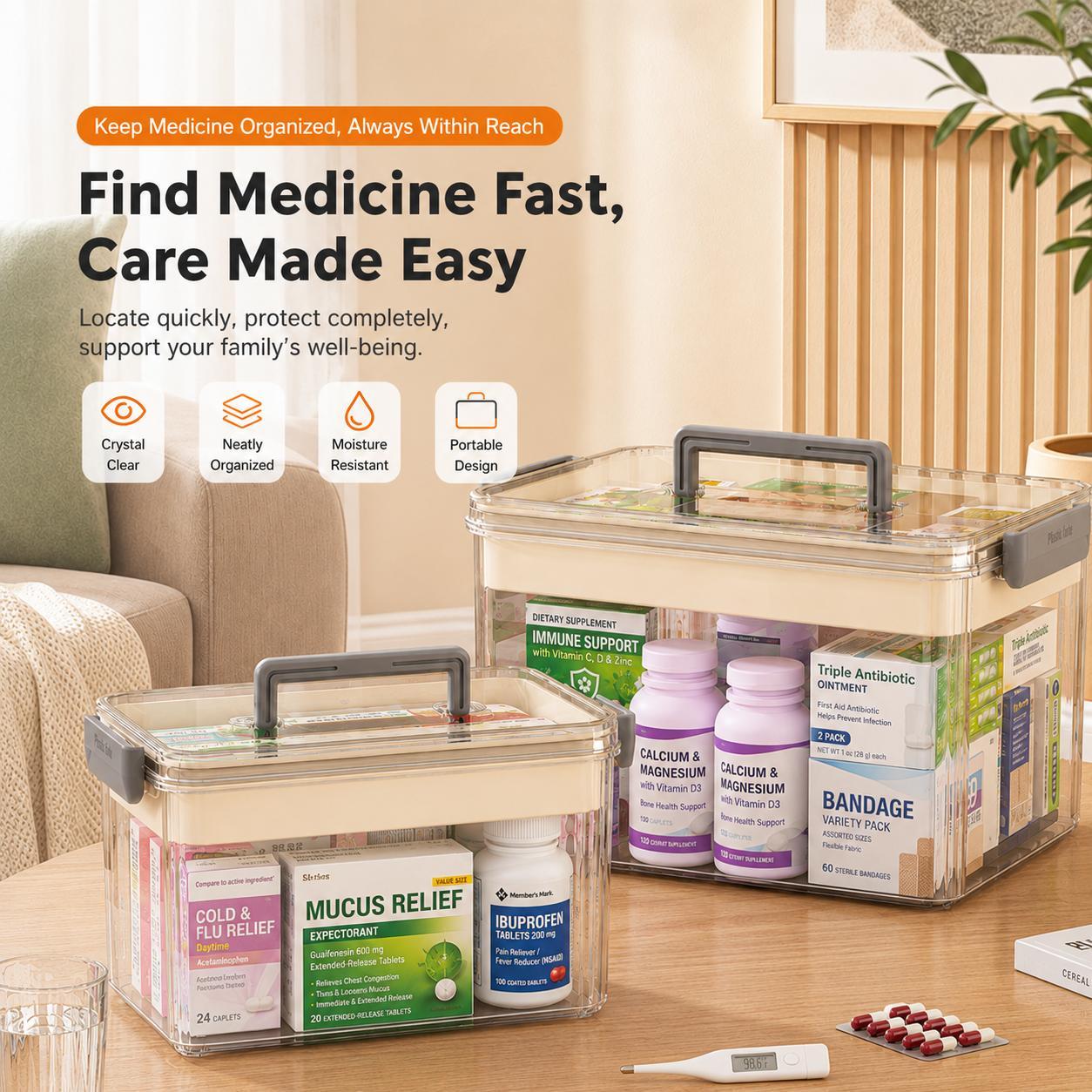 UFORU Modern Large Capacity Rectangle Medicine Organizer Box, Eco-Friendly Home Storage Bin, Double Layer Transparent PET Case with Handle, Snap-Seal Dryness Dust & Insect Block Moisture-Proof First Aid Kit - Suitable for Home/Travel