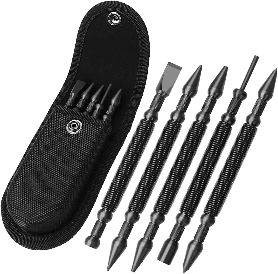 TYRWEEY 5pc Heavy Duty Spring Loaded Nail Setter Hinge Pin Remover Punch Set with Pouch for Woodworking DIY Home Improvement Hand Tools Kit, Dual Head Hammerless Center Punch 1/32" 1/16" 3/32" 1/8" 3/16"