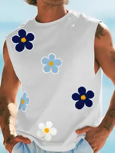 Colorful Daisy Embroidered Sleeveless Vest, Summer Street Style Shoulder Pad, Casual Fitted Long Top Without Collar