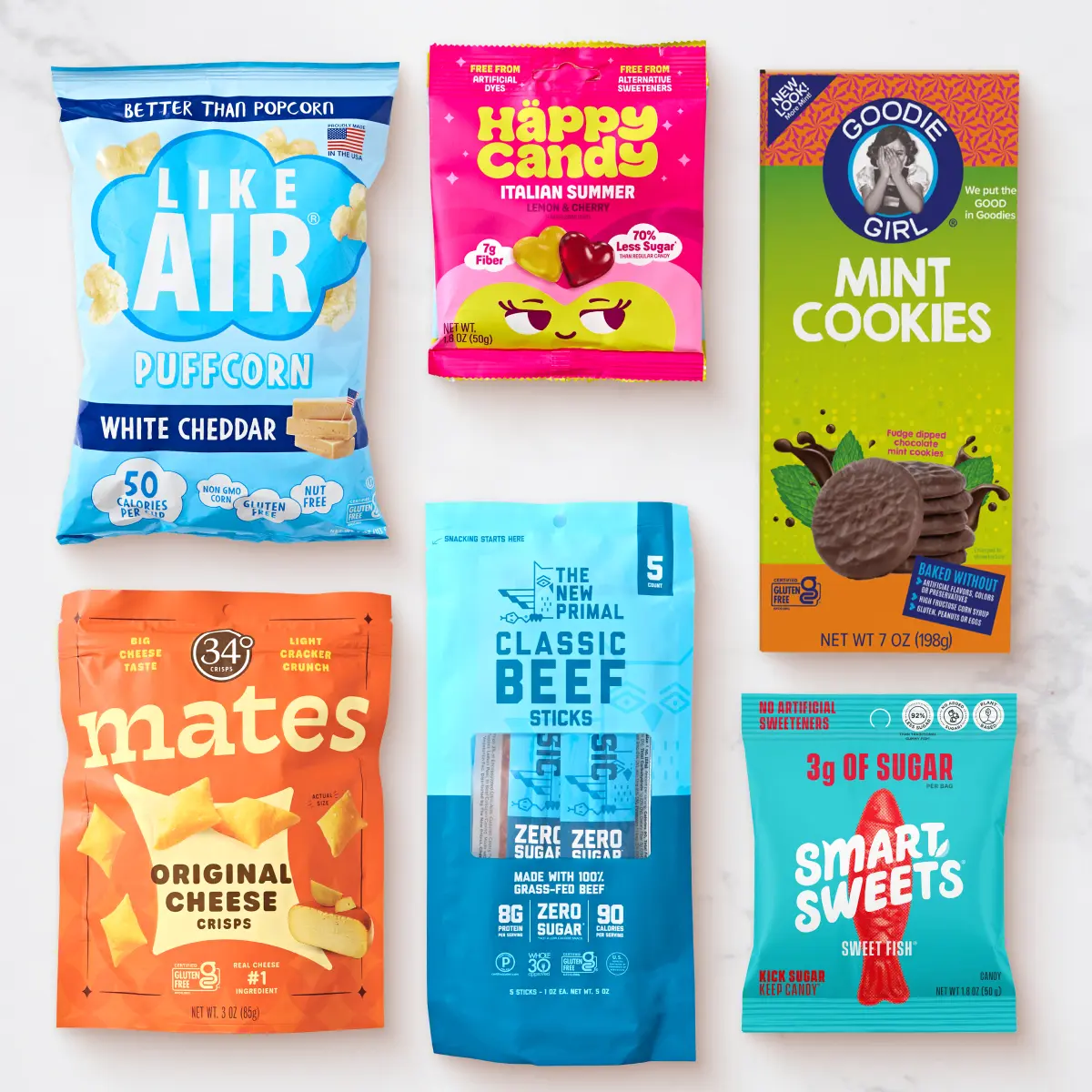Hungryroot Healthy Protein Snack Gift Set - 6 Crispy, Flavorful Items (Mates Original Cheese Crisps, Happy Candy Gummies, New Primal Beef Sticks + More) with Healthy Snack Ideas, Sugar-Free, Vegan, Ginger Options
