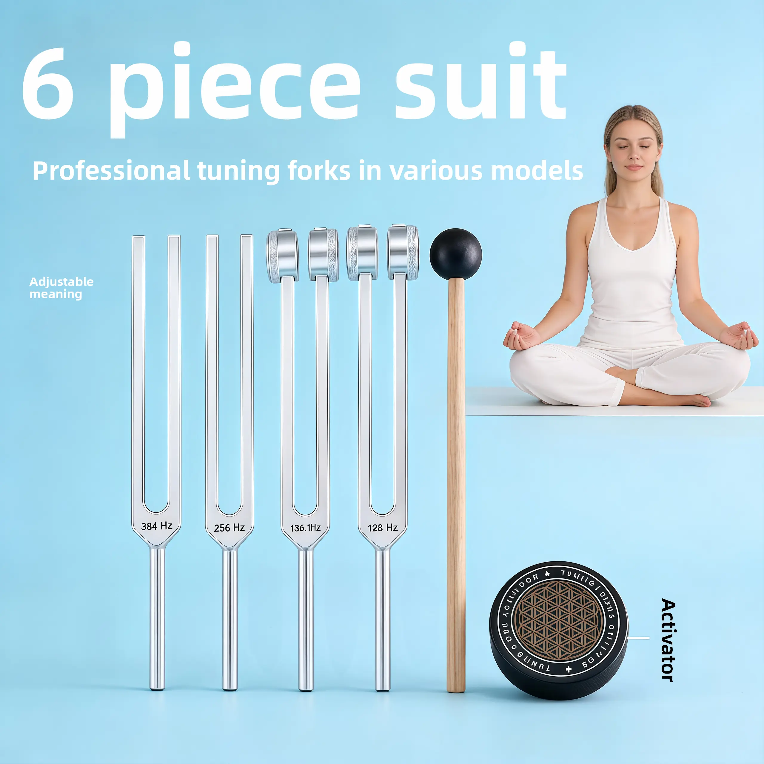 Aluminium Tuning Forks 6-Piece Set with Activator - 128Hz, 136.1Hz, 256Hz, 384Hz Frequencies - Sound Therapy for Adults for Stress Relief, Relaxation, Chakra Balancing
