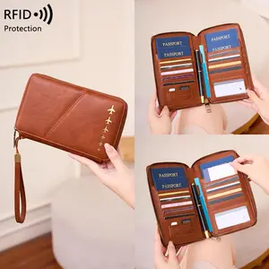 Unisex PU Leather RFID Anti-Theft Passport Holder, Zippered Hollow Creative Aircraft Document Bag, Portable Brush Pass Travel Organizer