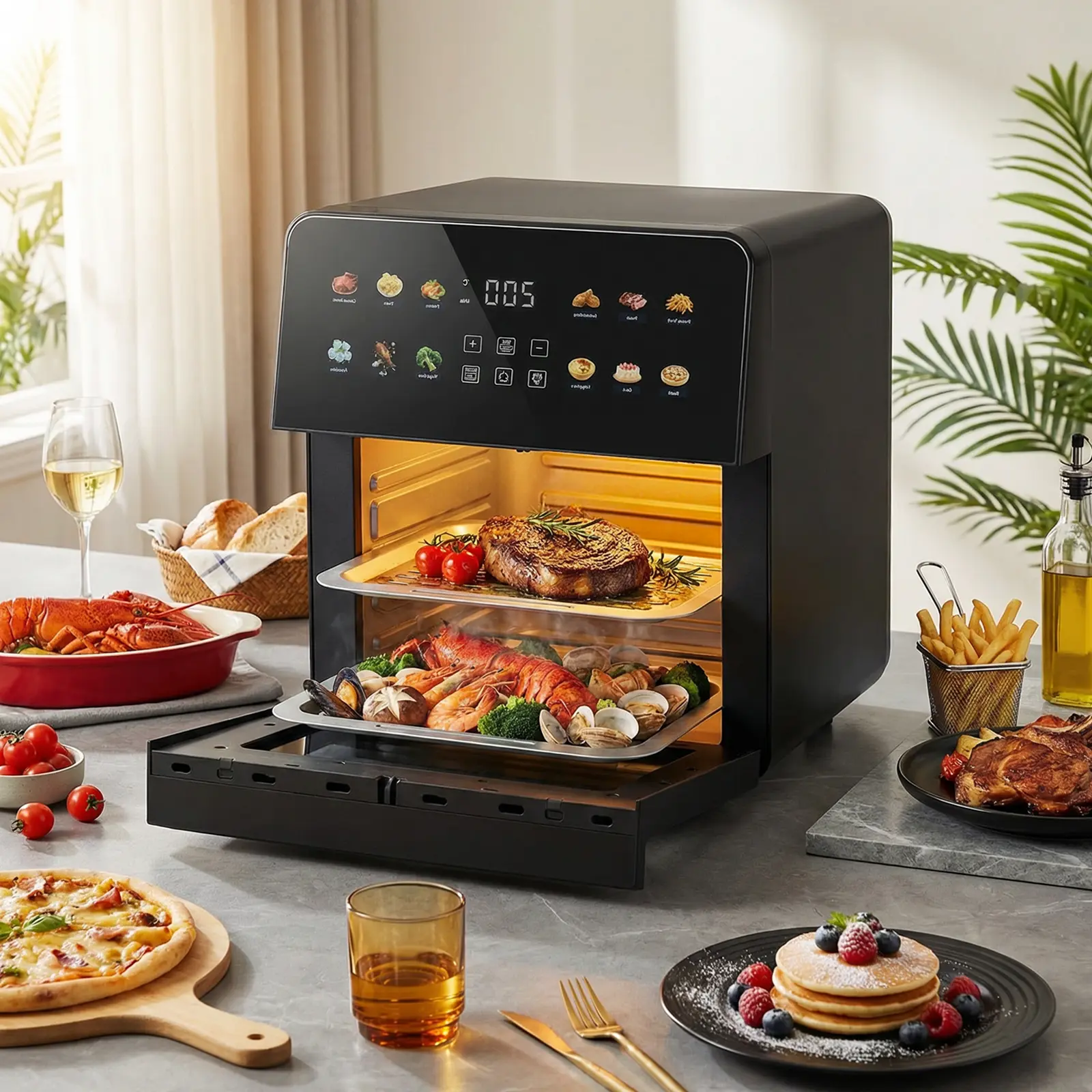 12QT Air Fryer Oven, 8-in-1 Toaster Oven Combo, Family Size, Black | Dual Racks, Different Dishes, Same Time, Even Heat, Perfect Crisp, Smart Presets, Light Sound Operation, Dishwasher Washable technology