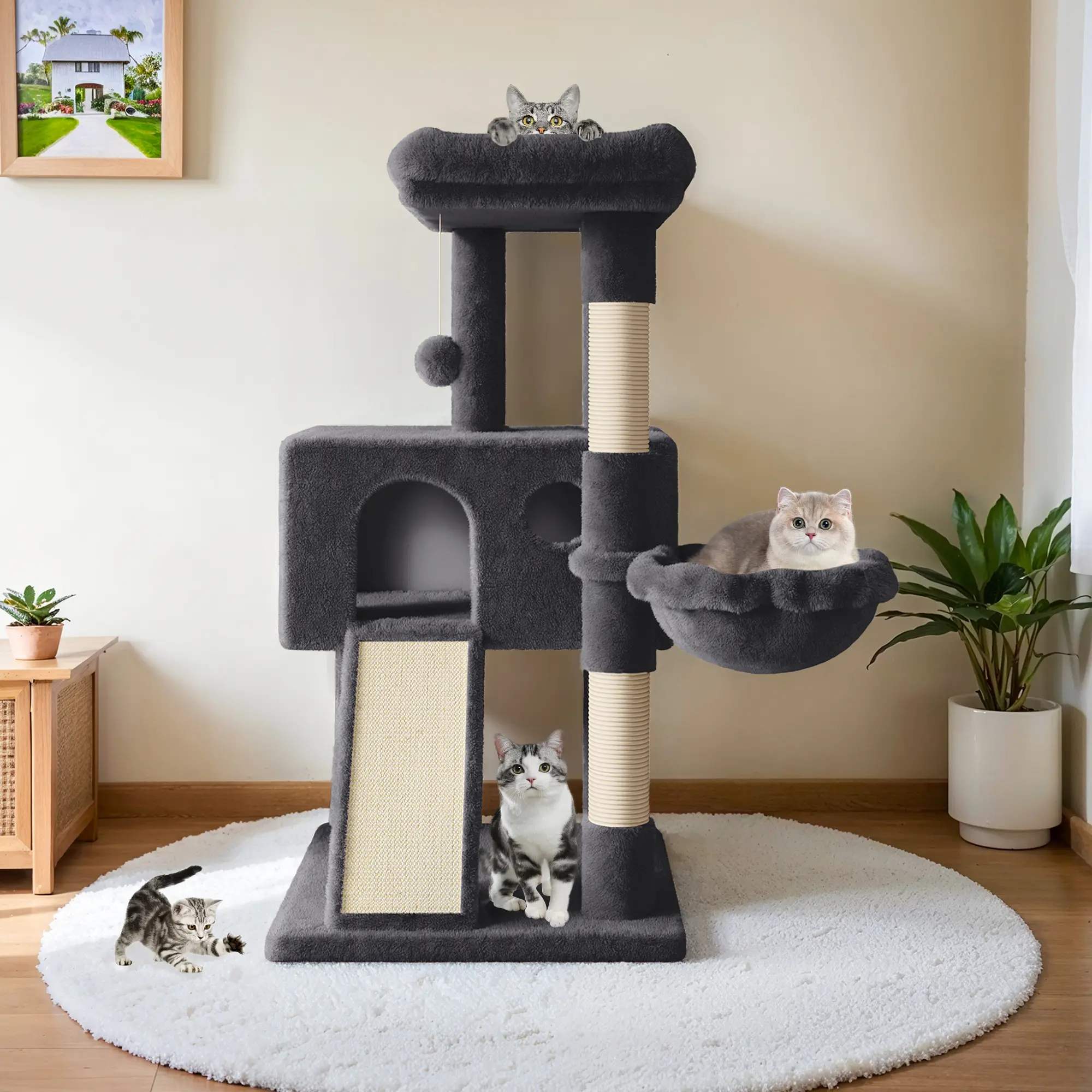 HOOMIC 36 Inches Cat Tree, Multi-Level Condo with Sisal Posts & Cozy Hammock, Padded Plush Perch, Available in Beige, Dark Grey, Light Grey , Perfect for Indoor Cats & Kittens