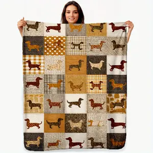 1pc Premium Dachshund Quilt Design Print Flannel Blanket - Comfortable, Versatile & Suitable for All Seasons-280GSM