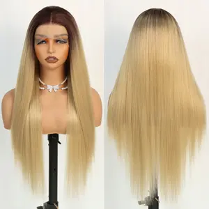28 Inch Long 4/27 Ombre Brown Straight Wig for Woman HD Transparent Lace Front Wig Synthetic Lace Front Silky Straight  Lace with Realistic Hairline Straight Synthetic Hair Wig Synthetic Heat Resistant Wig Lace Frontal 13*4 Free Part Wig