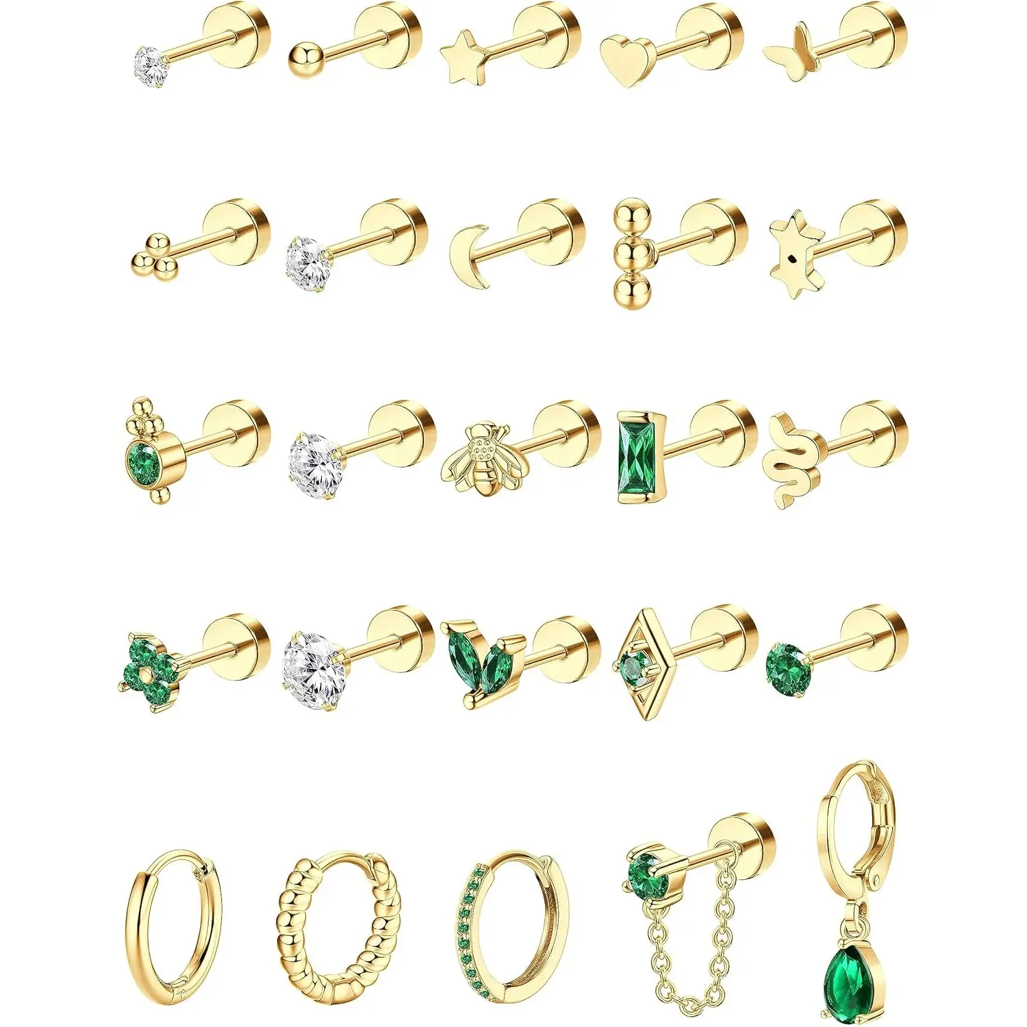 CASSIECA Women's 25-Count Hypoallergenic Surgical Steel Stacking Set, 20G Small Flat Back Earrings & Hoops, Non Tarnish Anti-Rust Cubic Zirconia Pieces for Sensitive Ears, Helix Piercings, Non Tarnish Earrings