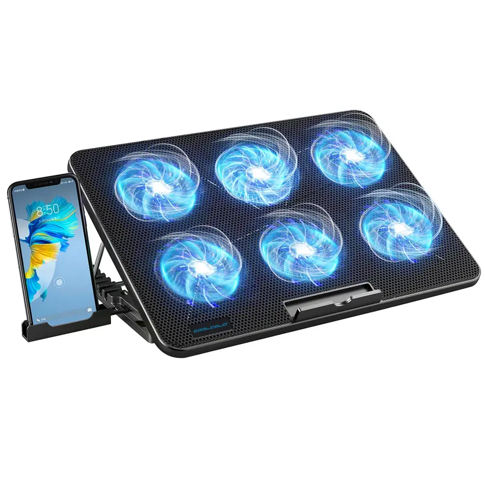 CoolFlow™ Laptop Cooling Pad with 6 Quiet Fans | Adjustable Cooling Stand for 12"-17.3" Laptops with Phone Holder