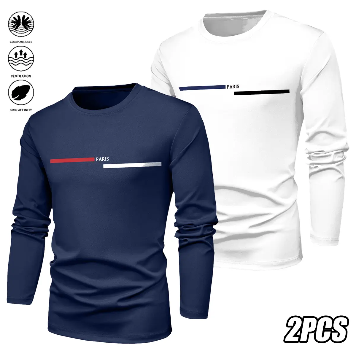 Men's 2-Pack Athletic Long Sleeve Crew Neck T-Shirts, Quick-Dry Printed Polyester Tops for All Seasons Fitness & Running, Polyester Clothing