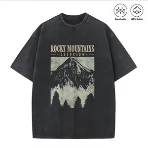 Washed T-shirt Holafish Oversize Acid Wash Vintage Mountain pattern T-Shirt Heavyweight Cotton Streetwear graphic vintage tees Menswear Crewneck Tshirt