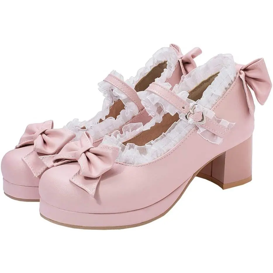Women Kawaii Mid Block Heel Mary Jane Rockabilly Pumps with Bow Platform Chunky Heel Cute Sweet Shoes Pink Classy