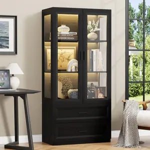 BROTTAR Display Cabinet with LED Lights, Curio Storage Cabinet with Acrylic Doors & 2 Drawers, 67" Bookcase Display Case for Collectibles, Human Body Sensor, Home Office, Living Room, Black