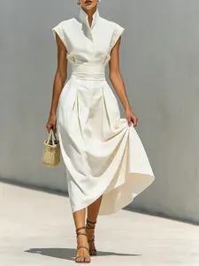 2026 European and American Style Women's Spring Summer New High Waist Midi Dress, High Neck Loose Top, Office Wear Dress