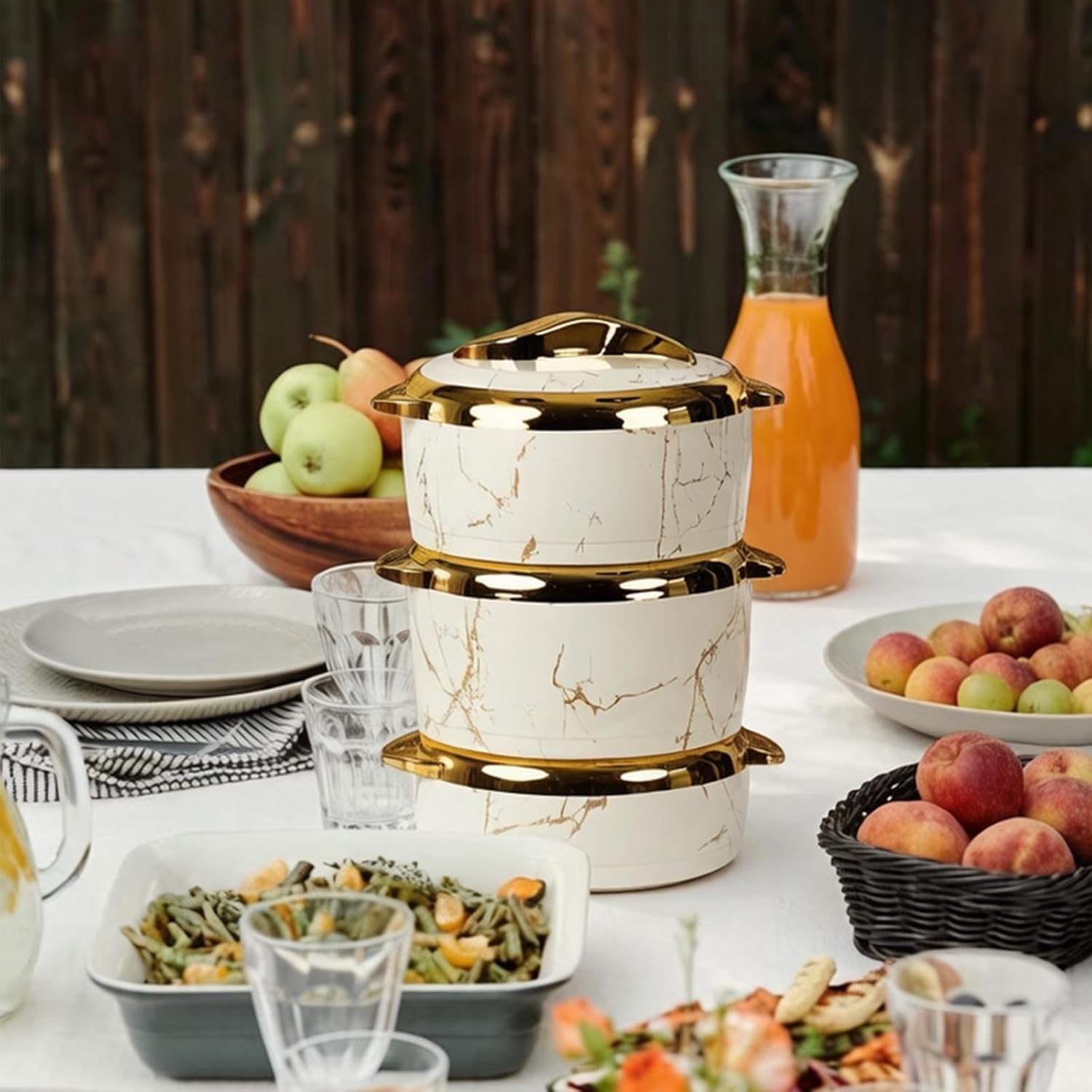 3-Piece 1.6L/2.1L/2.6L Thermal Casserole Dish Set with Lids,Stainless Steel Bowls for Hot Cold Food Insulated Serving Bowl for Buffets Parties Picnics Camping(White Marble)