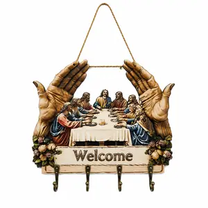 Jesus and Disciples Mural Keychain Hanging Decor, Religious Design, Equipped with Four Metal Hooks, Porch Welcome Sign, Farmhouse Style Seasonal Home Decorations Flat Jesus and Disciples Mural Keychain Hanging Decor, Rural Farmhouse Religious Decorations