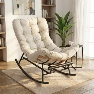 Papasan Rocking Chair with Foot Rest, Papasan Chair with Thick Removable Cushion and Metal Frame, Lounge Chairs and PE Rattan Rocker for Patio,Beige