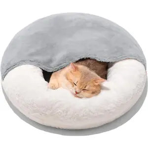 MEWOOFUN Enclosed Cat Bed Cave - Washable Pet Bed With Blanket & Non-Slip Base For Cats & Small Dogs 22'' X 22'', White Super Soft Round Pet Bed for Large Dogs Donut Dog Bed with Raised Rim