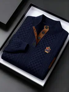 Men's Simple Horse Graphic Pattern Print Striped Textured Polo Knit Sweater, Long Sleeve Fitted High Neck, Casual & Formal Wear, Fall&winter