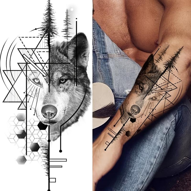 Realistic Temporary Tattoos Bundle - 6 Waterproof PVC Glitter Pre-Packaged Body Art Stickers (3 Fixed Items, 3 Random Designs) Black Wolf, Butterfly, Normal, Cosplay Style for Men, Women’s Arms