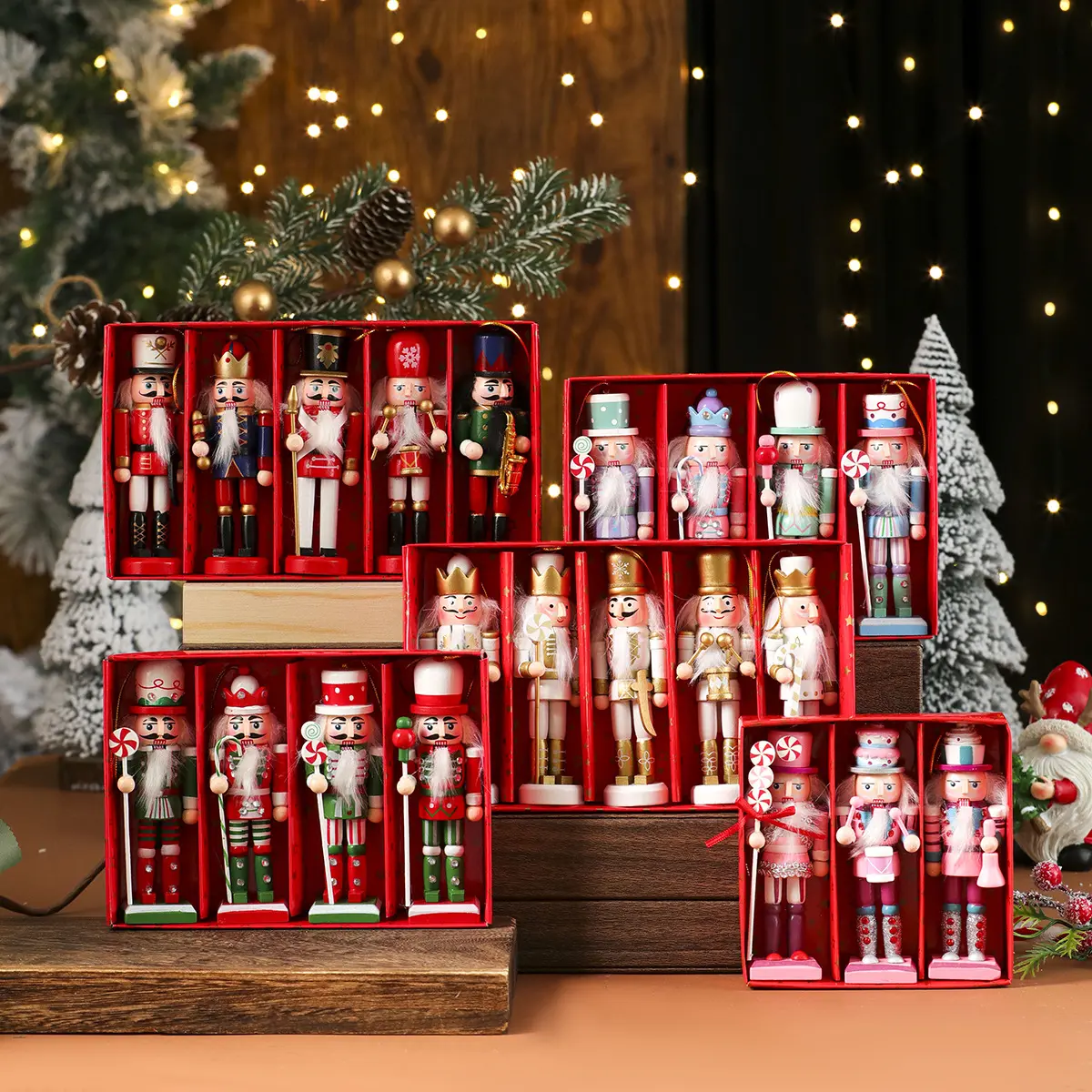 5PCS Gold White Wooden Nutcracker Figurines Christmas Ornaments Mini Nutcracker Soldiers Holiday Decor Set