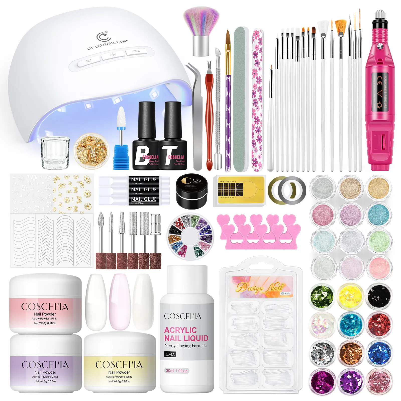 COSCELIA Beginner-Friendly Acrylic Nail Art Kit with Brush, Powder, Drill, UV Light, Glitter Decorations - Nails Supplies for Home Salon Gentle Care, Saves Money, Ideal for Birthdays, Festivals Gifts, Christmas, Ideal Gift, Parties, Gentle Nail Care