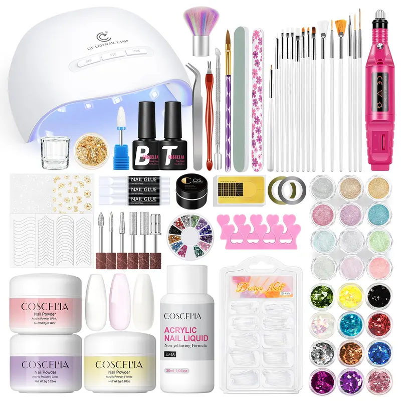 COSCELIA Beginner-Friendly Complete Acrylic Manicure Kit with Brush, Powder, Drill, UV Light, Glitter Decorations, Sanding Bands - Gentle Home Salon Supplies, Money-Saving, Ideal for Gifting (Thanksgiving, Mother’s Day)