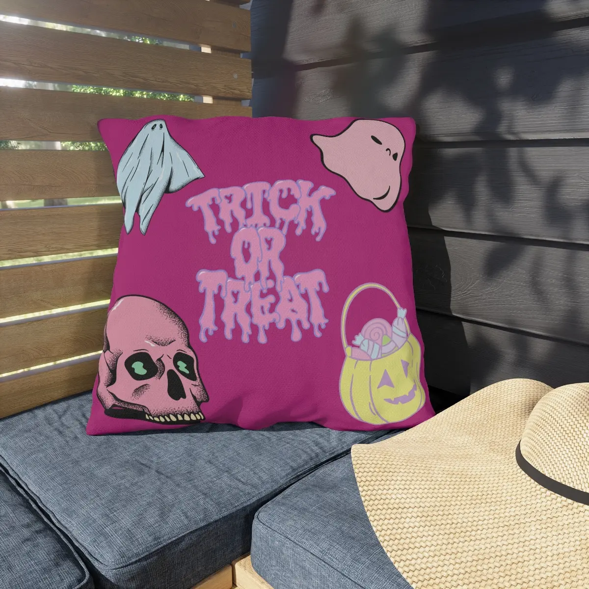 Trick or Treat Pink Halloween aesthetic pillow, skull pillow, pastel halloween decor pillow, pink halloween decor, halloween outdoor pillow
