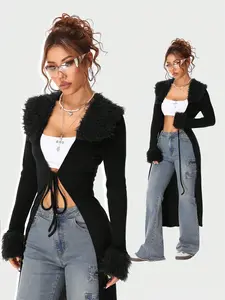 Y2K Fashion Vintage Rib Knit Flannelette Textured Lace Up Brown Long Cardigans