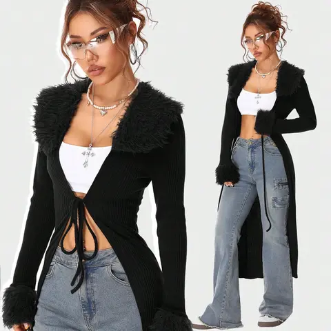 Women's Y2K Vintage Rib Knit Flannelette Lace-Up Brown Long Cardigan - Tops, Corset-Inspired, Tee-Layer Friendly, Knitwear Essential, Sheer Accent Details