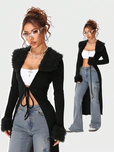Y2K Fashion Vintage Rib Knit Flannelette Textured Lace Up Brown Long Cardigans