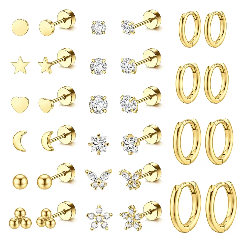 MILAKA 20G Hypoallergenic Surgical Steel Flat Back Earrings Gold Plated Hoop Studs for Cartilage Helix Multiple Piercings Women's Comfortable Ear Jewelry Set