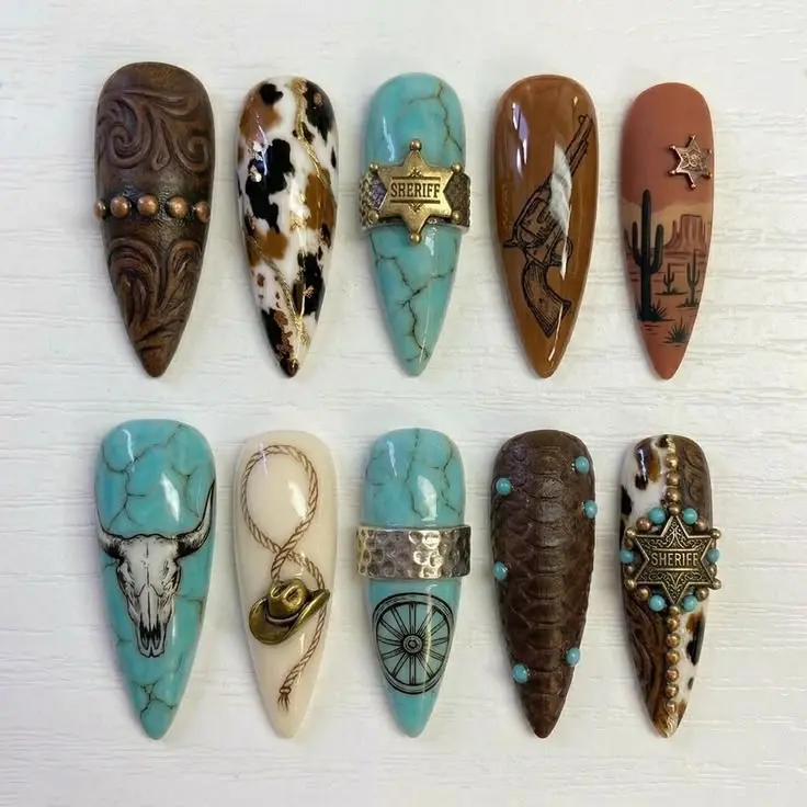 Western Cowboy Press On Nails | Turquoise Sheriff Desert Design Brown Nails | Country Cowgirl Nail Set