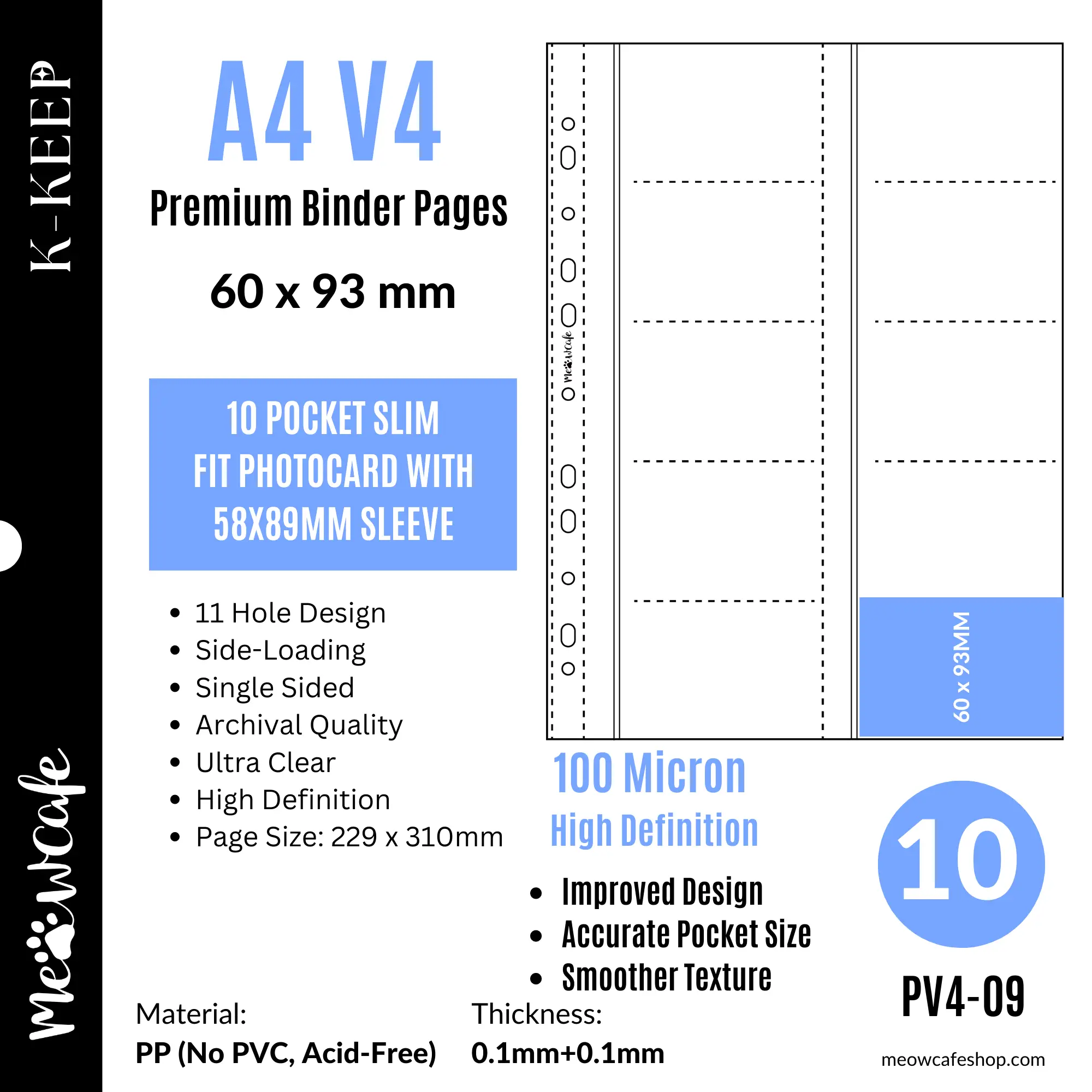 K-KEEP [A4 V4] - 10 Pocket Slim (60x93mm) - 11 Holes Premium Binder Pages, 100 Micron Thick, High Definition (Pack of 10) - (PV4-09)