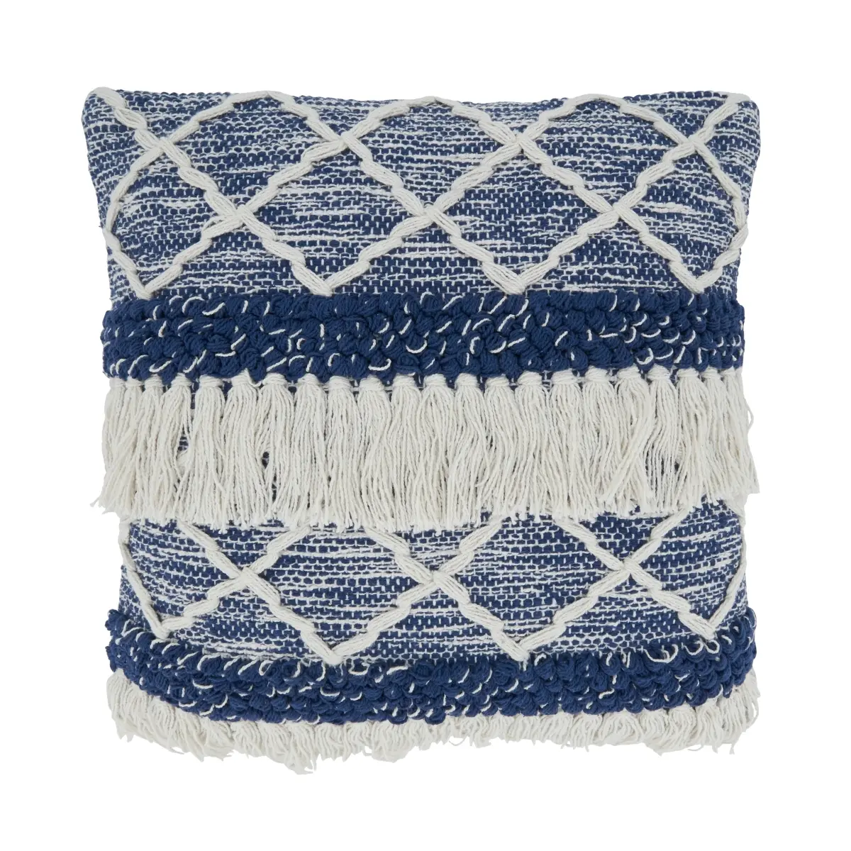 Saro 2907.NB18SP 18 in. Fringe Moroccan Design Square Throw Pillow with Poly Filling, Navy Blue