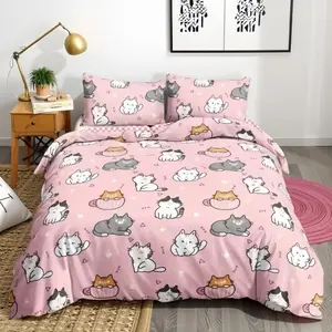 Cute Cat Print Bedding Set, Soft & Comfortable 3-Piece Sheet Set for Bedroom Decor, Soft Bedding Sets, Includes Fitted Sheet & Pillowcases