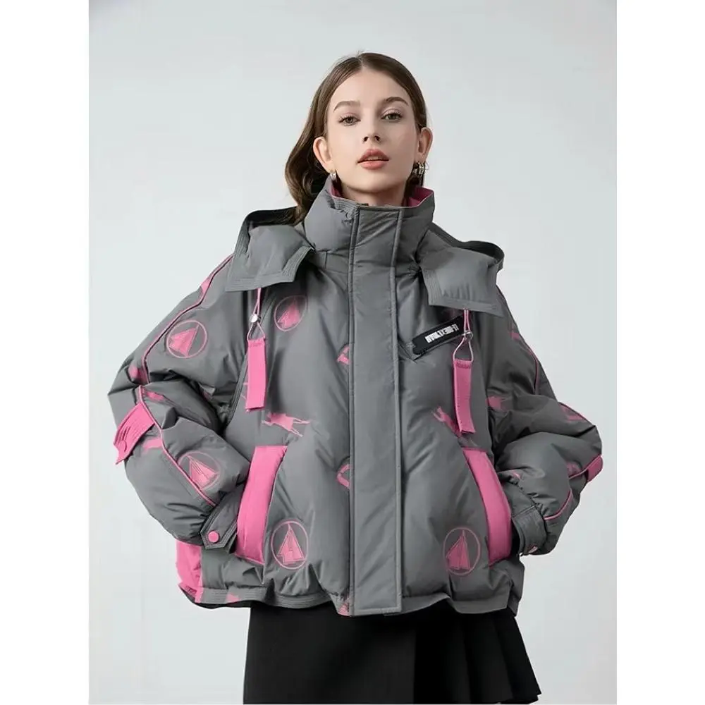 Winter Short Print Patchwork Hooded Parker Down Jacket Female Zipper Thicken Warm Outwears Women White Duck Down Bread Jackets