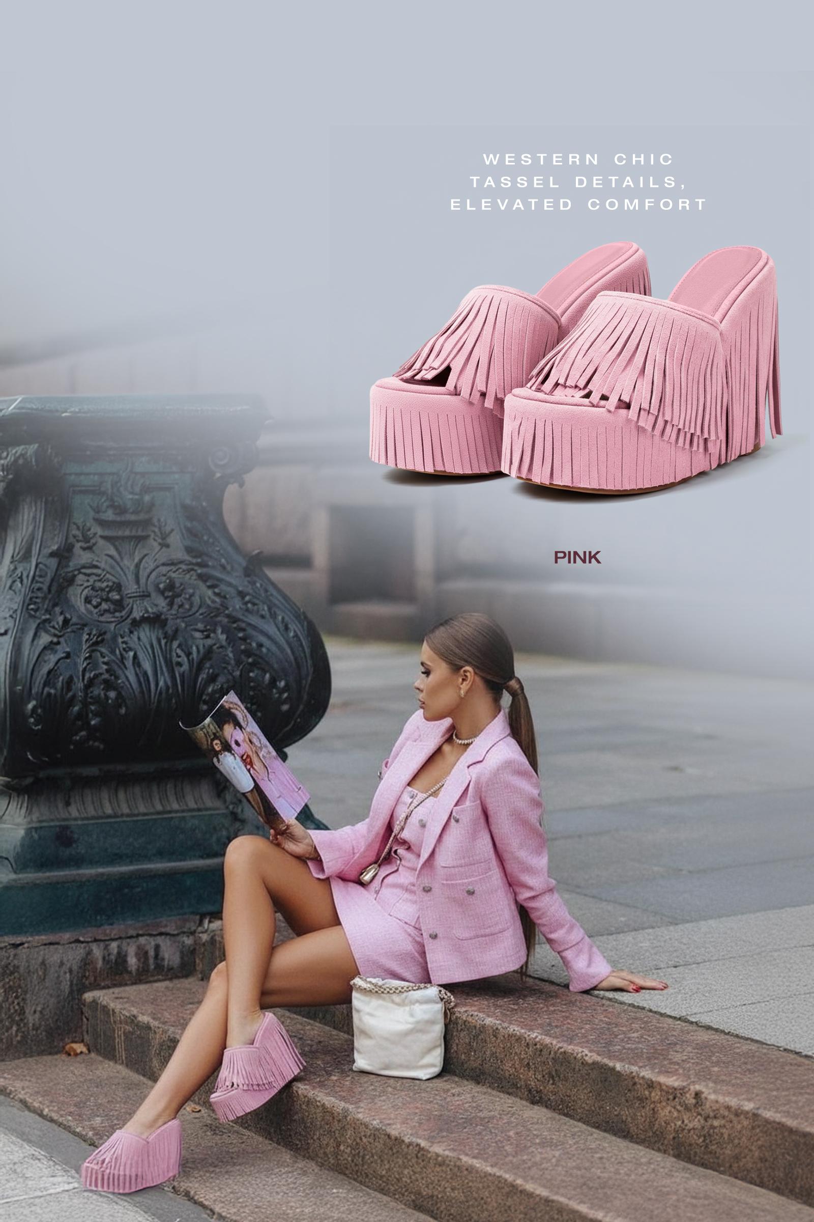 CYNLLIO Womens Fringed Boho Cowboy Style Platform Sandals Open Round Toe Tassel High Heels Slip On Wedge Heeled Suede Slides for Outings Evening Party Spring Dress Sandals Shoes