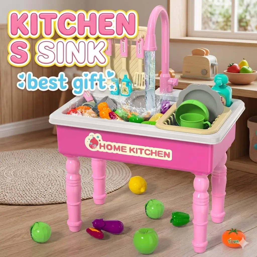 Kids Play Kitchen Sink Toy with Running Water – Pretend Play Sink with Cooking Accessories & Play Food, Best Birthday Gift for Toddlers, Play Kitchen Accessories, Cleaning Playset tiktokshopspringglowup
