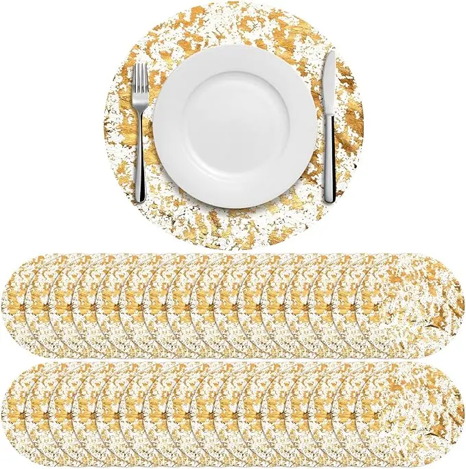 50 Pcs Disposable Gold Placemats Set 13 Inch Round Gold Foil Mesh Pressed Table Doilies Metallic Thin Mesh Table Runner for Home Decoration Dining Wedding Birthday Party