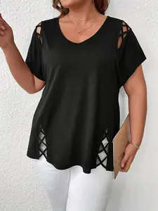 Plus Size V Neck Cross Strap Cut Out Casual T-Shirt, Comfortable and Stylish Top for Daily Wear, Perfect for Relaxed Looks