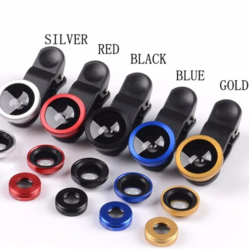 Cell Phone Fisheye Lens 3 In 1 Wide Angle Macro Camera Fish Eyes Lens with Clip for Iphone 12 11 Samsung Huawei Smartphone Cellphone Red Black Blue Gold