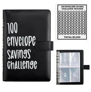 100 Envelope Savings Challenge Binder Black Budget Book with Cash Envelopes for Office Home School Waterproof Tear Resistant PVC 25 Pages 4 Card Slots Each Page