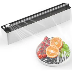 Magnetic plastic wrap dispenser with cutter — practical refillable organizer for drawer using aluminum foil, includes an extra 12″ × 16 ft black food cling film