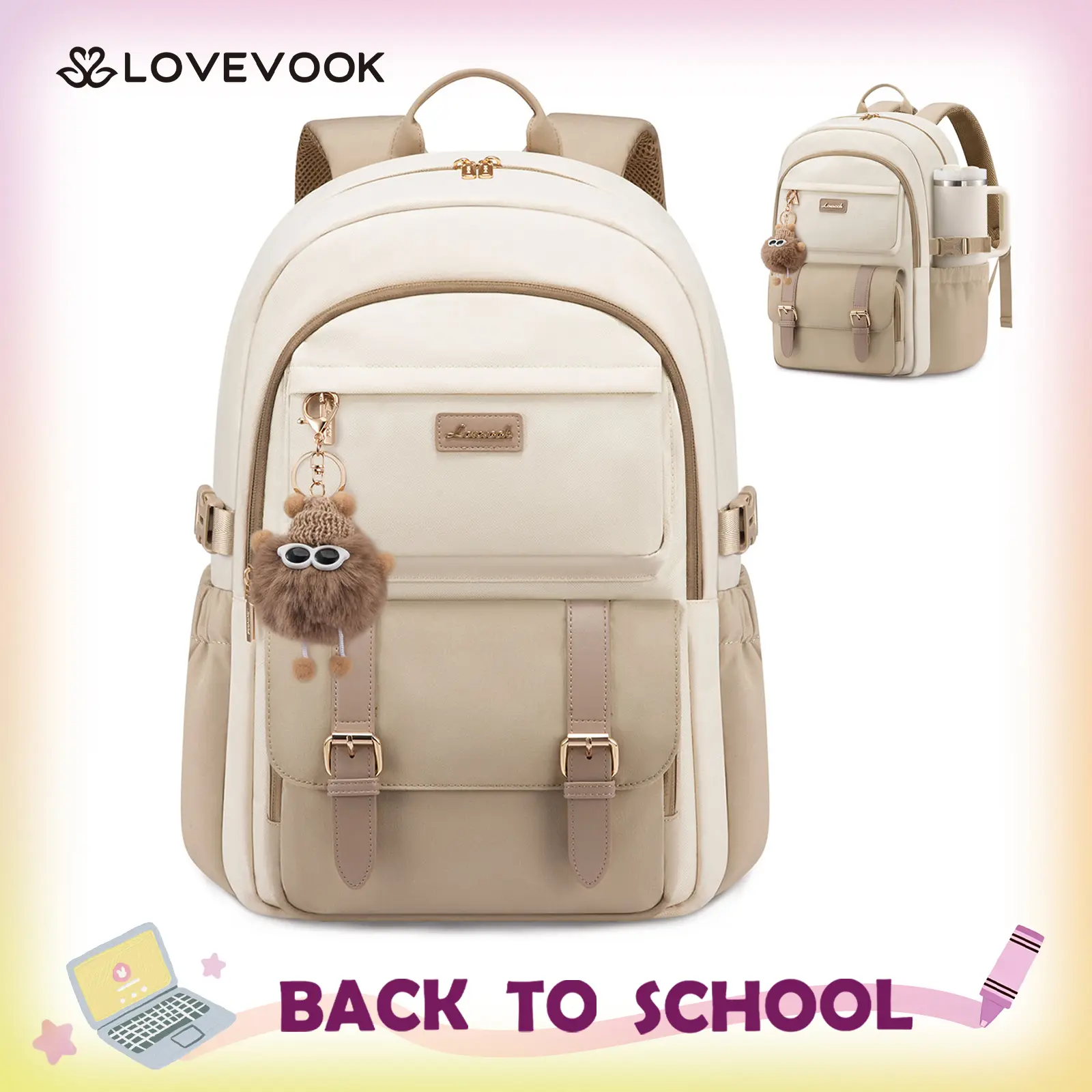 LOVEVOOK School Backpack for Girls, Bookbag with 15.6" Laptop Compartment Cute Aesthetic Backpack with Anti-Theft Pocket & 40oz Water Bottle Holder Lightweight Waterproof Back to School Bookbag, TikTokShopBackToSchool