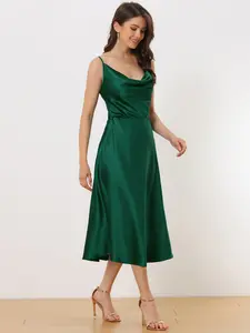 INSPIRE CHIC Women's Spaghetti Strap Satin Dress Cowl Neck Cocktail Midi Dress Dark Green